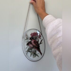 Oval decorative stain glass frame vintage mcm retro 1970s birds metal chain